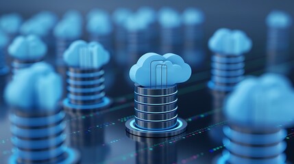 Digital representation of cloud computing technology with stacks of data and blue cloud icons on a reflective surface