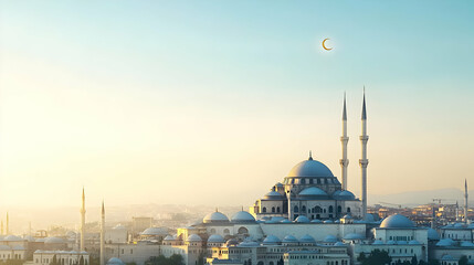 Fototapeta premium Majestic Mosque With Crescent Moon At Golden Hour In A City With Minarets And Domes
