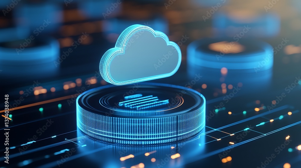 Poster floating digital cloud icon over abstract technology background with glowing circuit patterns and da