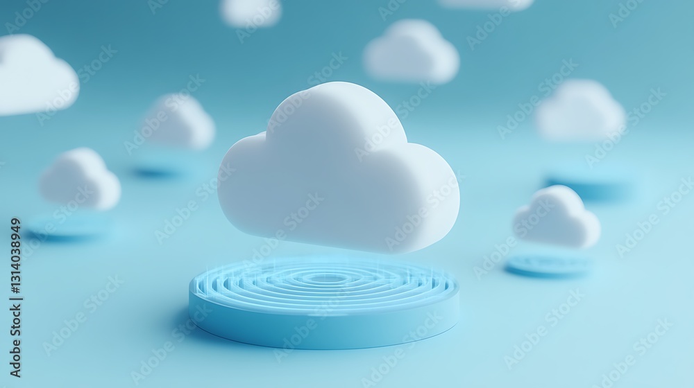 Poster floating clouds above a blue circular base with a soft and abstract background for creative concepts