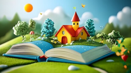 A Fairytale World Sprung from the Pages of an Open Book:  A Whimsical Digital Illustration Depicting a Charming House, Lush Greenery, and  Butterflies.