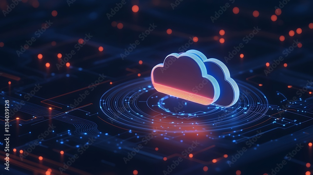 Sticker futuristic blue and red cloud icon on a digital circuit background with dots and connections for tec