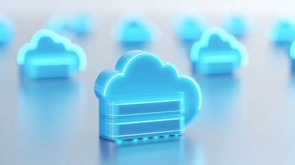 Futuristic Blue Cloud Icon with Neon Glow Representing Data Storage and Digital Connections in Technology