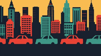Obraz premium Urban City Skyline at Sunset with Colorful Cars in Foreground