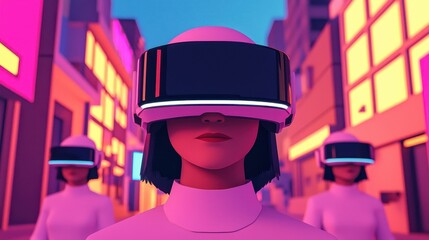 Futuristic Urban Scene with Women Wearing Virtual Reality Headsets