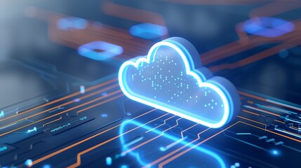 Futuristic Cloud Computing Concept with Digital Circuit Background and Glowing Neon Elements