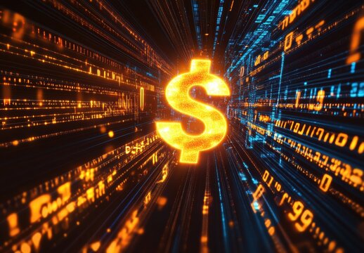 A dollar sign is shown in a futuristic, digitalized style