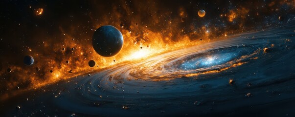 A mesmerizing black hole looms in the night sky, surrounded by a scattering of small celestial objects, like shimmering stars and distant planets, creating a cosmic spectacle.