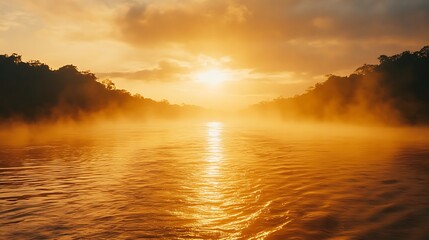 Obraz premium Misty sunrise over calm river, golden sunlight reflecting on water surface.