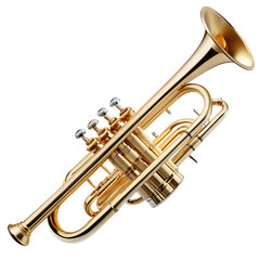 Obraz premium Golden Trumpet's Melodic Voice, A beautifully crafted golden trumpet, glistening under studio lighting, is captured from a high-angle perspective.