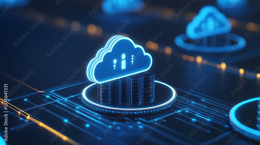 Poster futuristic cloud computing concept with digital security icons and data circuits for technology illu