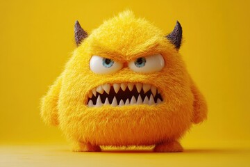 Obraz premium Furry Yellow Monster with Horns and Sharp Teeth Displaying a Grumpy Face on Plain Yellow Background