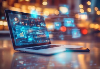 A laptop computer with a screen displaying a colorful, abstract design