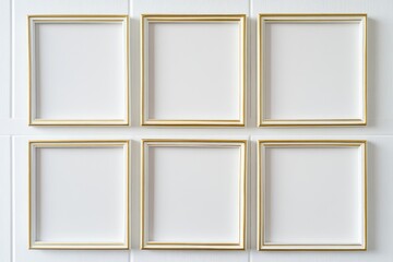 Fototapeta premium Empty picture frames arranged in a grid on a white wall, ready for artwork display