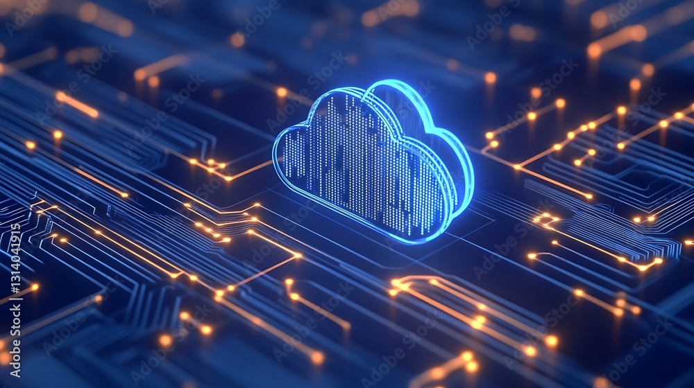 Poster futuristic cloud computing concept with neon circuitry background and digital data representation