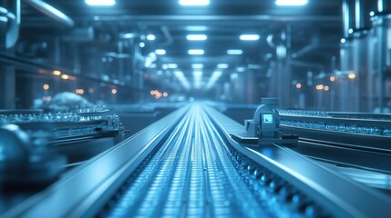 Conveyor Belt System in Modern Factory, Blue Lighting