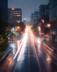 Obraz premium Long-exposure shot of city intersection with moving traffic and illuminated skyscrapers