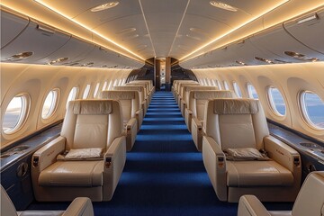 Fototapeta premium Interior View of an Airplane Cabin with Elegant Seats and Blue Carpet Floor