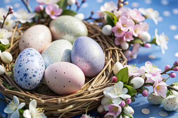 Spring and Easter: eggs among flowering branches Pastel colors