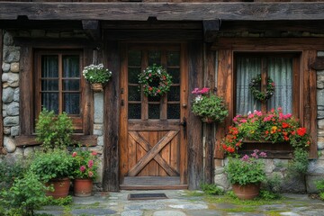 Rustic wooden door on stone porch with foliage accents. Artificial Intelligence image
