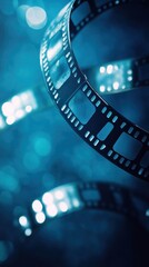 Abstract film reels floating in a blue bokeh background