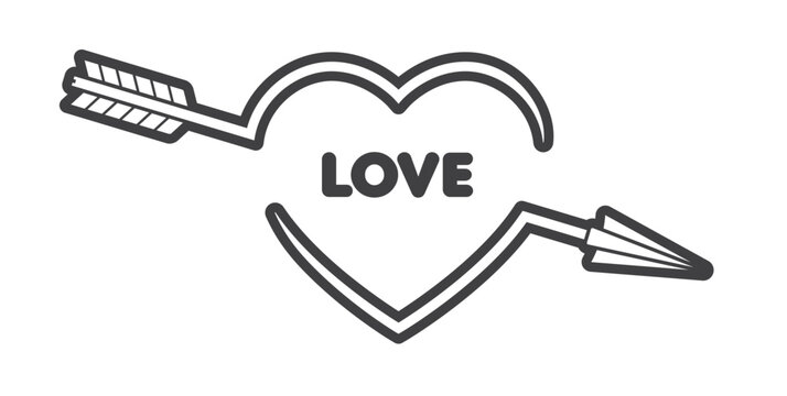 Wector black and white tattoo illustration of a heart pierced by an arrow, with the words "LOVE" in the middle. Isolated on white background.