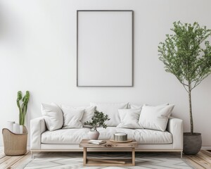 A white couch with pillows. a coffee table with a potted plant. a large framed picture. a potted plant. and a wicker basket with a cactus in a minimalist living room