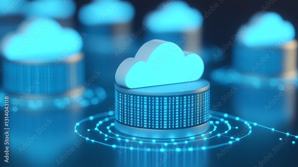 Poster futuristic cloud computing concept with network connections and data circles in soft blue tones