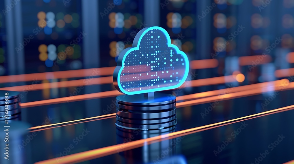 Poster Futuristic Cloud Computing Icon on Reflective Server Background with Digital Elements and Data Streams