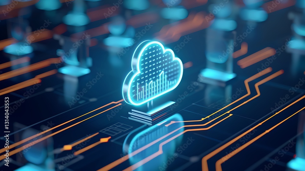 Poster futuristic cloud computing icon with graph and digital connections in a tech environment