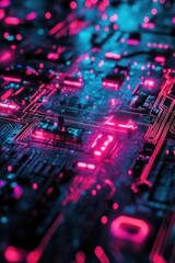 Obraz premium Close-up of a vibrant circuit board with glowing components