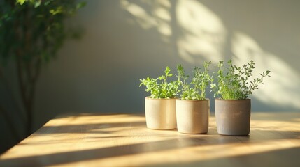 Fototapeta premium Three small potted plants on a wooden table in sunlight.