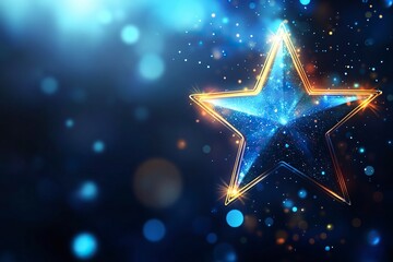 Vector illustration of a glowing blue star with light rays and bokeh lights on a dark background, a concept design for an award ceremony or presentation backdrop. is visible in the center. 