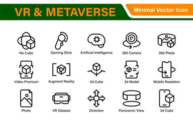 Virtual Reality and Metaverse Icon Set. A cutting-edge collection of icons designed to enhance immersive experiences, perfect for VR apps, gaming platforms, and digital worlds.