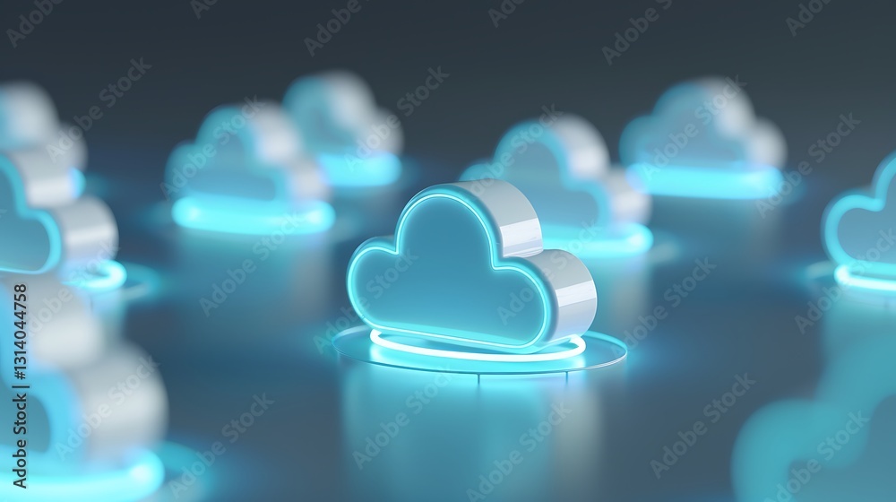 Wall mural futuristic cloud icons glowing with blue light in a digital technology environment for web and app d