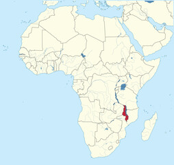 Detailed national location map of MALAWI within the great continent of Africa