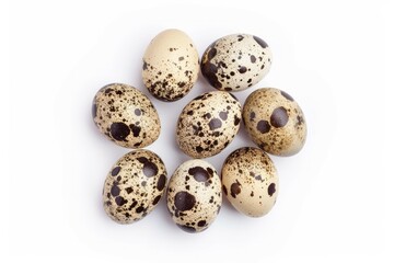 Cluster of speckled quail eggs on white background. Artificial intelligence image