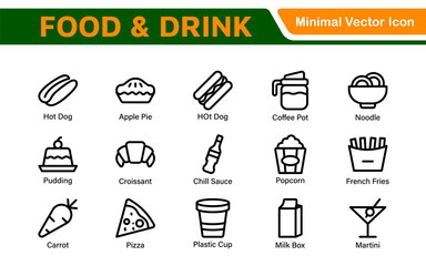 Food and Drink Icons Collection. Vector-Based Icons for Cooking, Dining, Beverages, Restaurant, and Fast Food Design