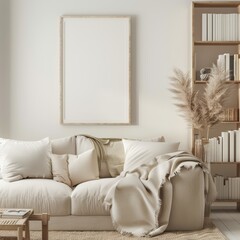 Minimalist living room with a white sofa. a wooden frame. and a bookshelf