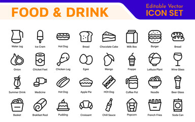 Food and Drink Icons Collection. Vector-Based Icons for Cooking, Dining, Beverages, Restaurant, and Fast Food Design