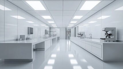 Clean, Modern Laboratory or Scientific Research Facility with Sleek White Interior and High-Tech Equipment