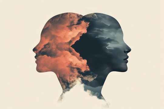 A minimalistic design of two heads facing opposite directions, one filled with calm imagery and the other with dark, stormy clouds.