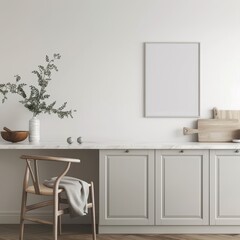 Minimalist kitchen interior with a wooden chair. white cabinets. a marble countertop. and a blank poster frame