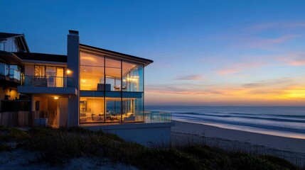 Fototapeta premium Modern Coastal House At Sunset With Expansive Windows And Ocean View In Evening Light