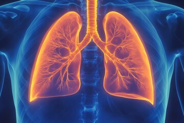 Human lungs x-ray illustration shows respiratory system anatomy. Detailed view of lung structure highlights healthy breathing process. Abstract graphic promotes health, respiratory system , 32k  Photo
