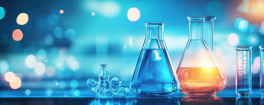 Three glass beakers sit on a wooden table, each filled with vibrant liquids: one glows bright red, another shimmers in deep blue, and the last is a vivid green, reflecting light beautifully.