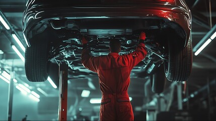 Mechanic inspecting underside of raised vehicle in auto repair shop.