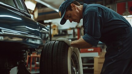 Mechanic inspecting vintage car tire in garage.
