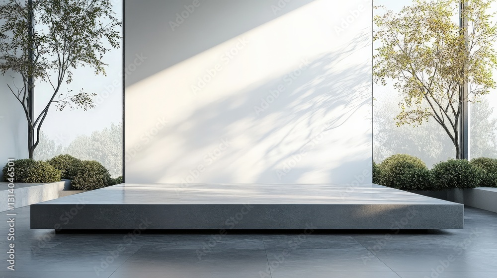 Aufkleber minimalist platform against a sunlight wall with trees offering a serene and elegant presentation st