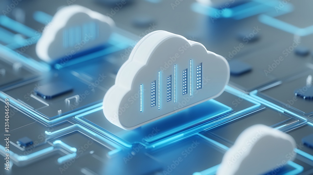 Poster futuristic cloud technology visualization with data flow and digital connections in a modern network